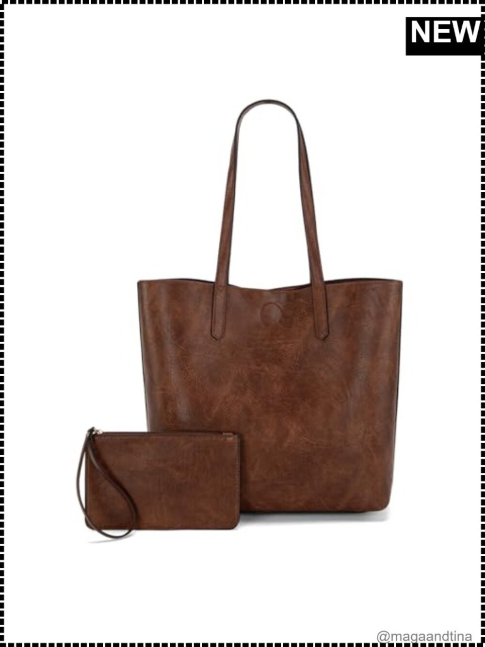 Faux Leather Tote Bag Top Handle Hobo with Pouch Roomy Shoulder Purse